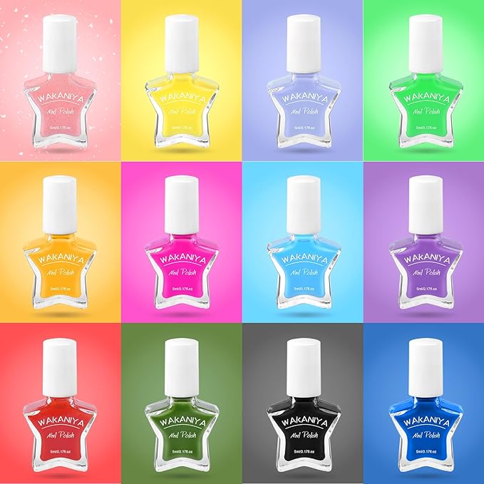 wakaniya Kids Nail Polish Set for Girls, Non Toxic Low Odor Water Base Nail Polish with Stickers, 12 Rainbow Colors Quick Drying Peel off Nail Varnish Kit for Kids Toddlers 3+