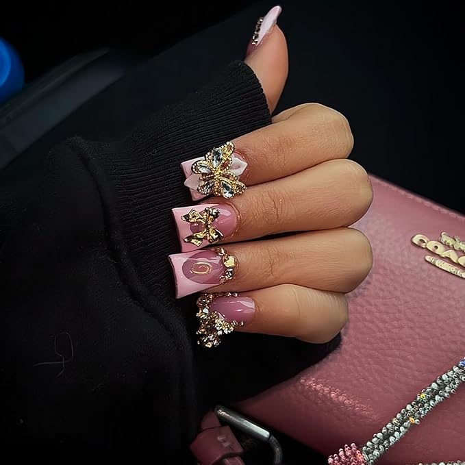 Pink French Tip Press on Nails Short Duck Fake Nails with Design 5D Butterfly Glue on Nails Rhinestone Bow False Nail Artificial Acrylic Full Cover Glossy Stick on Nails for Women Manicure 24Pcs