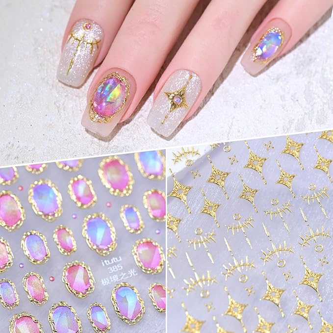 Gold Nail Stickers Star Nail Art Stickers with Ombre Design Circle Nail Decals for Nails Art 5D Self Adhesive Nails Supplies for Women Girls Kid Manicure Decoration 2 Sheets