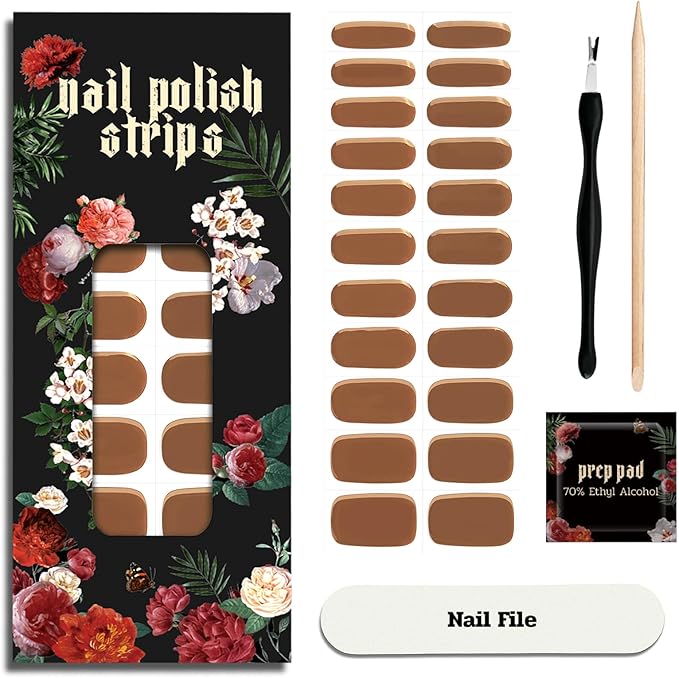 Nail Polish Strips (No UV Lamp Needed) - 22 Pcs Salon Quality Gel Nail Stickers - Long Lasting Wraps (Hazelnut Nutty Brown)
