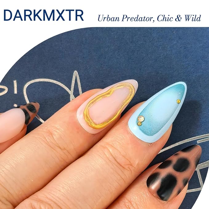 Press-On Nails Set - Almond Shape, Pink Blue Leopard Design with Gold Accents, Reusable Adhesive Nails for Women