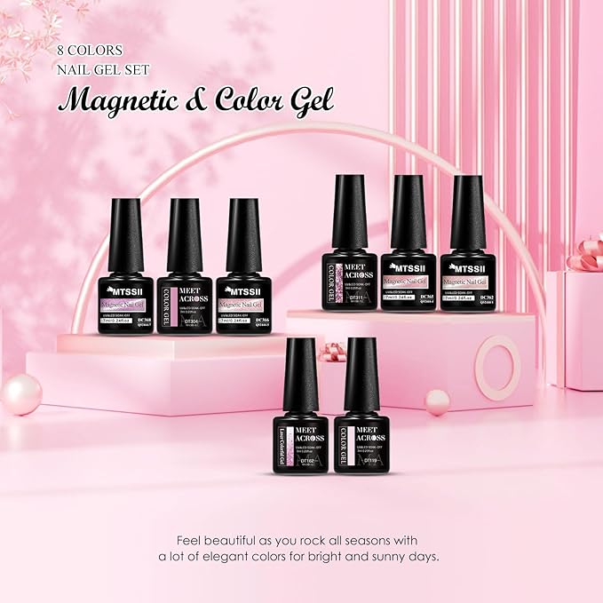 MEET ACROSS 8pcs Gel Nail Polish Set, Soak off UV LED Lamp Gel Nail Polish Cat Eye Set Home Gel Manicure Kit 7ml (Cat Eye + color Gel-6)