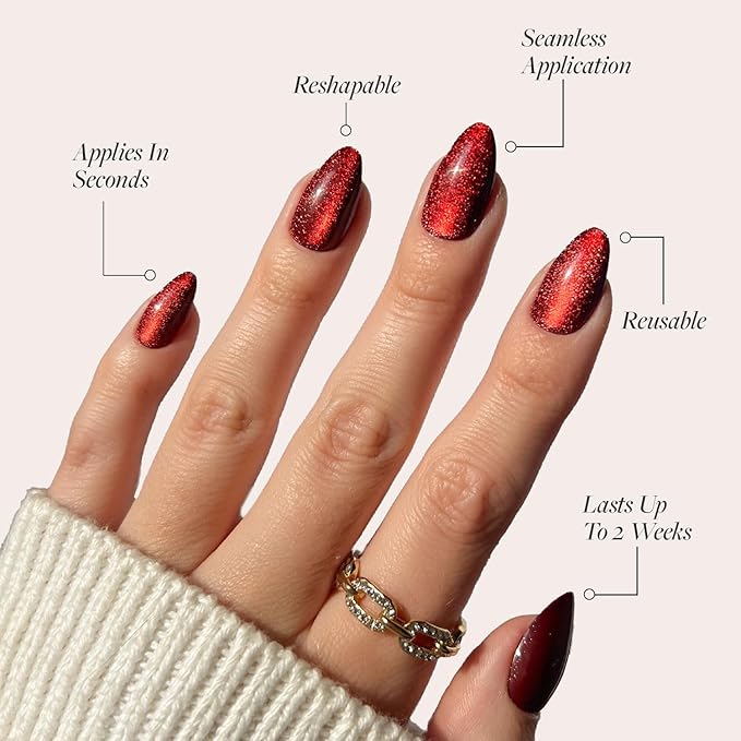 Glamnetic Press On Nails - Ruby Slipper Fake Nails | Deep Red Sparkly Short Almond Fake Nails with a Velvet Finish, Salon Quality | 15 Sizes - 30 Nail Kit with Glue