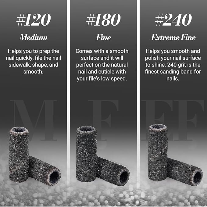 MelodySusie 120 Pcs Nail Drill Bits Small Sanding Bands for 3.1mm Mandrel Bit, 120 Medium Grit Nail File for Acrylic Nails Gel Manicures and Pedicure, Black (Only Sanding Bands)