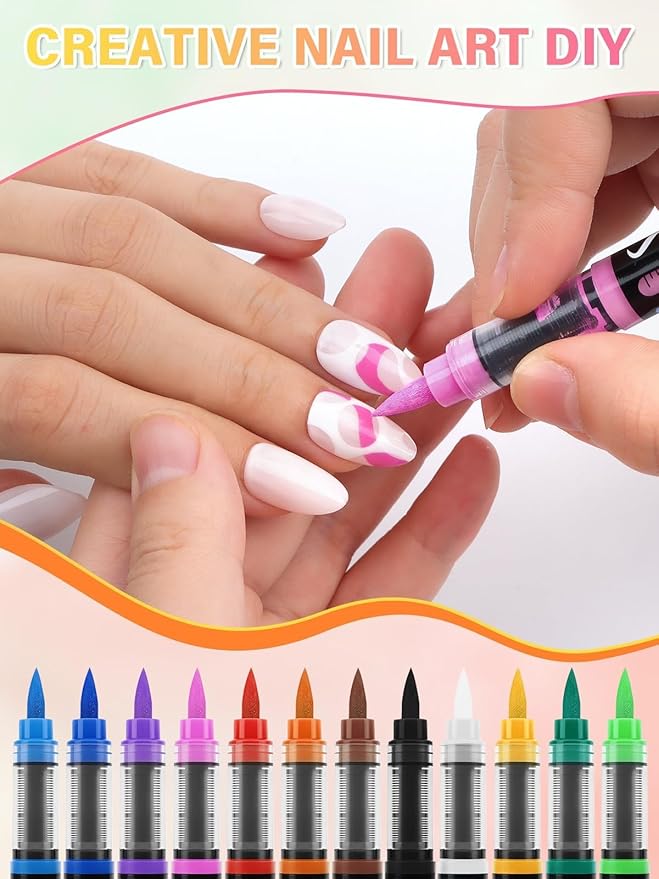 EBANKU Nail Art Pens Beauty Gift Set, 12 Colors Quick Drying Soft-Tip Nail Polish Pens 3D Acrylic Paint Nail Pens for Nail Art Color-fast Nail Point Dotting Liner Pen Sets for Home & Salon Nail DIY