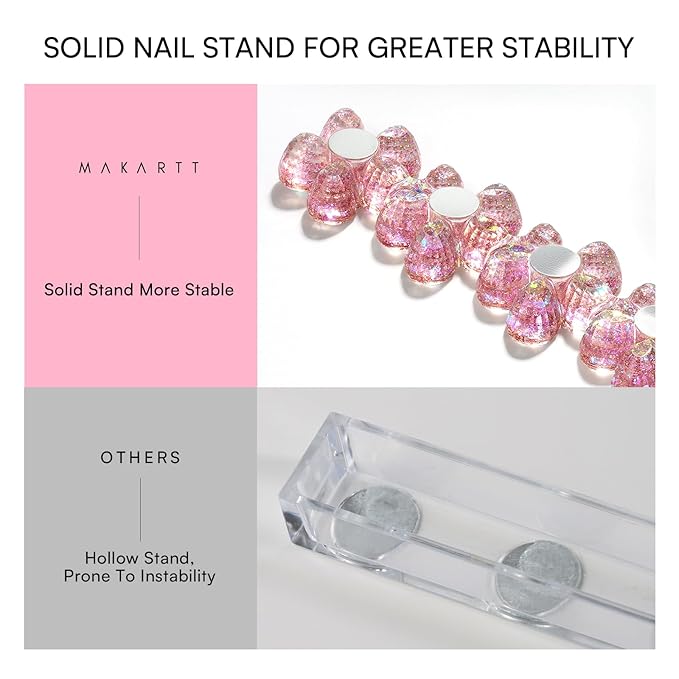 Makartt Nail Stand: Pink Nail Holder for Painting Nails DIY, Magnetic Press on Stand for Art Display Practice, Pink Glitter Flower Fake Holder for Home Salon with Reusable Adhesive Putty