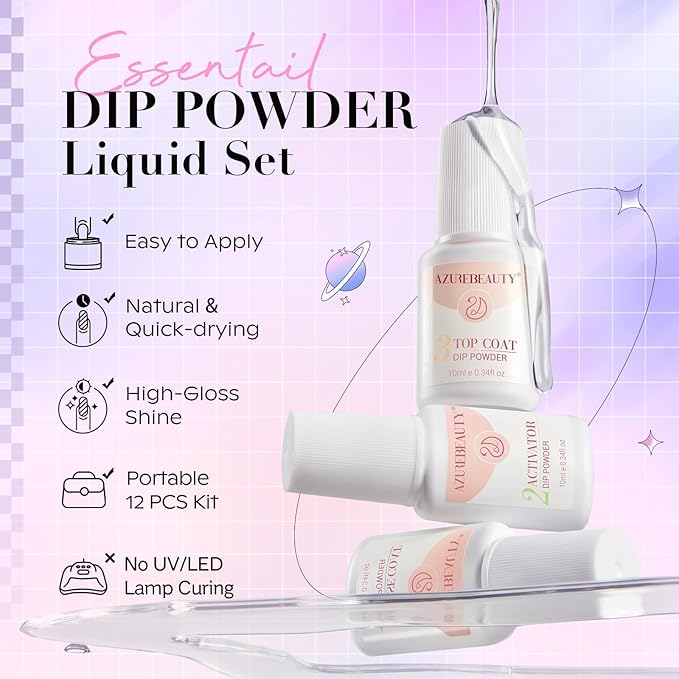 AZUREBEAUTY Dip Powder Nail Kit Starter, Pastel Lavender Pink Glitter, 4 Colors Spring Summer Dipping Powder Set, French Nail Art Base Top Activator Liquid Manicure DIY Salon