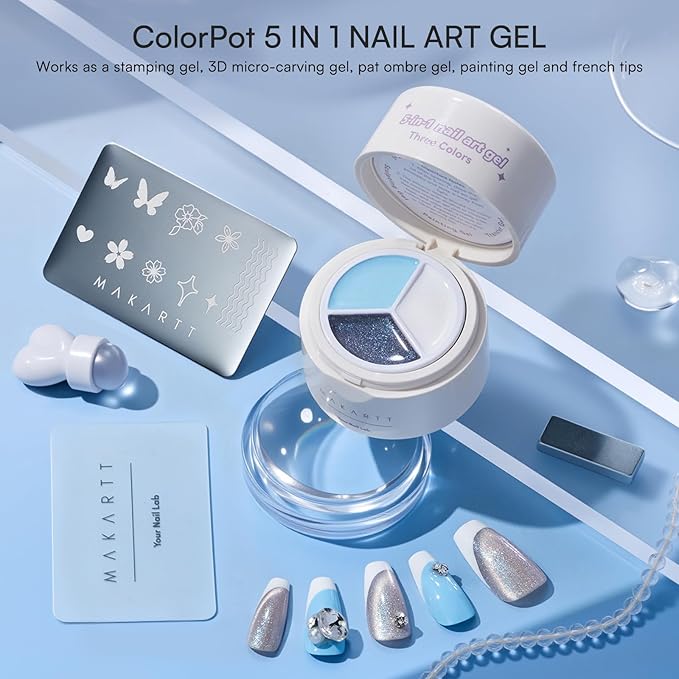 Makartt 5-in-1 Nail Art Gel: ColorPot 3 Colors Gel Nail Polish No Wipe with Nail Stamper for Stamping, Ombre Patting, Painting, Sculpting & French Tips with Silicone Head for Diy Nails at Home Salon