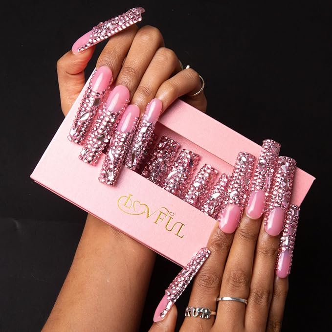 LOVFUL Press on Nails Pink French Tip Rhinestone | Handmade with Full Covered Crystals | Reusable Fake Nails | Square Long 2.2 in | H27-S
