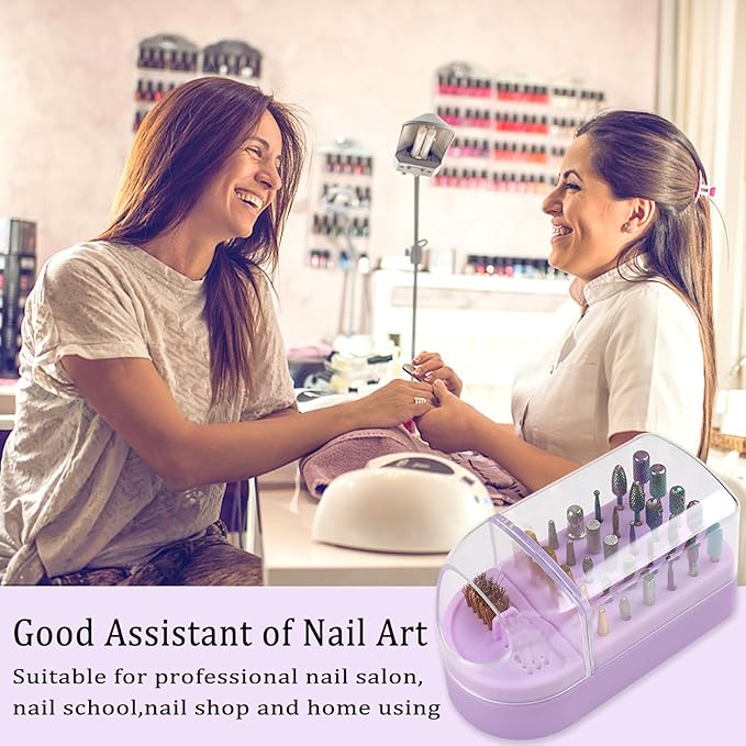 Nail Drill Bits Holder 2 in 1 Nail Drill Bits Cleaning Brush Case, 30 Holes Dustproof Acrylic Nail Drill Holder Storage Box, Nail Drill Bit Holder Stand Displayer Organizer for Home Salon Use (Purple)