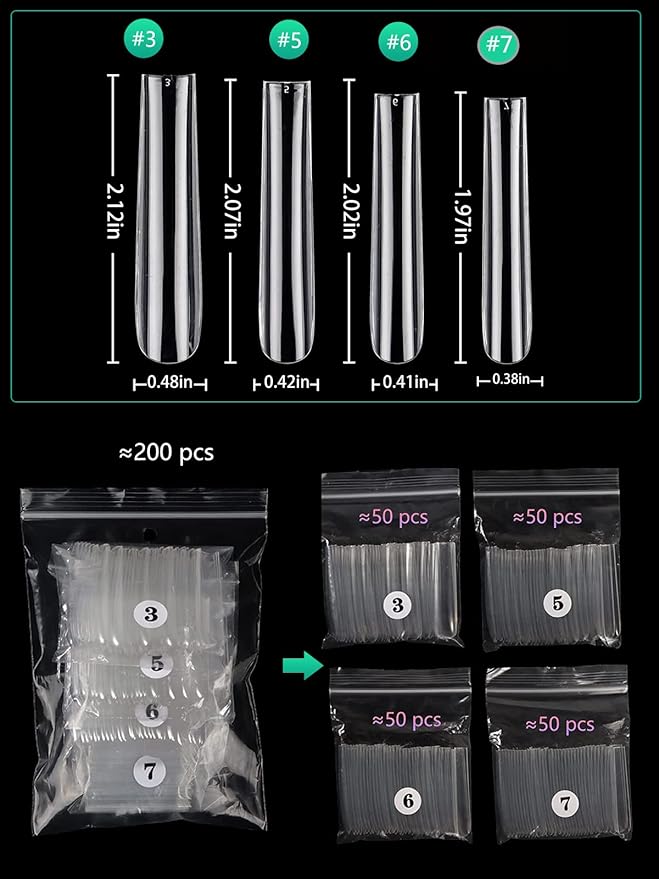 Individual Size 3 5 6 7 Full Cover Square Nail Tips for Acrylic Nails Professional, 200PCS 3XL Extra Long Straight Nail Tip, Straight Tapered Square Press on Nail Tip 4 Mostly Used Sizes