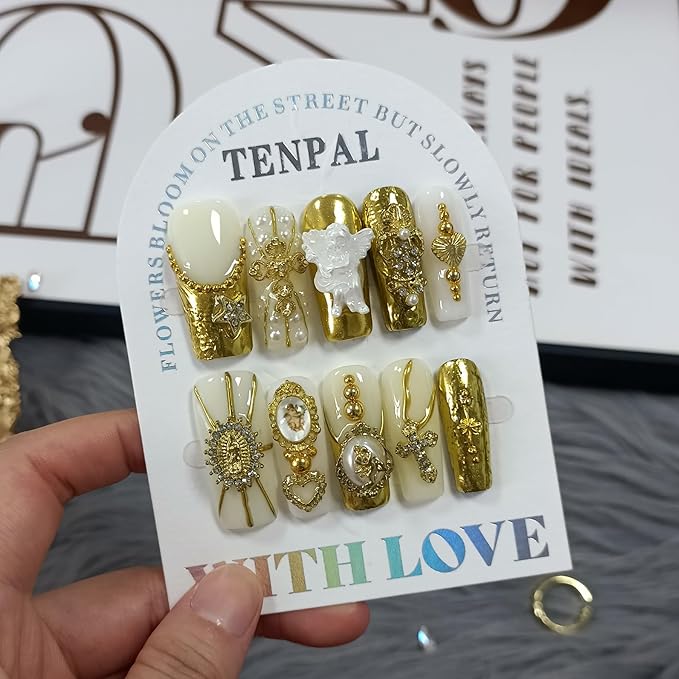 Baroque Press on Nails Long Coffin 3D Embossed Pearl Cross Charm Luxury False Nails for Women Gold Glam Royal Cathedral Style Glue on Nails for Parties Holiday Events(S)