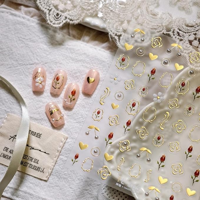 Flower Nail Stickers 3D Self Adhesive Tulip Floral Nail Art Stickers 5D Embossed Pearl Hearts Nail Decals Gold Lines Nail Art Supplies Cute Nail Design for Women Girls 1 Sheets