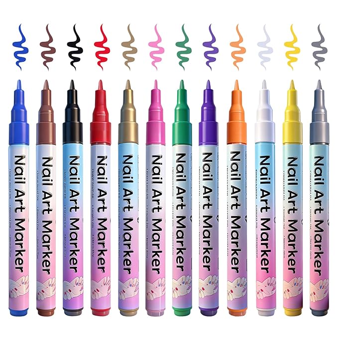 Nail Art Stencils Pens Set, 12 Nail Art Pens Markers + 14 Sheets Nail Stencils Heart Lips Flowers Nail Stickers for Women Girl, Nail Polish Pens for Nail Art Dotting Pen, DIY Nails Art Design Tools