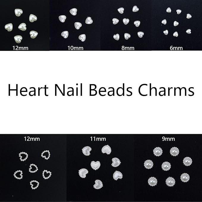 500 Pcs Creamy-white Pearls Heart Nail Charms Mixed Styles Flatback Heart Cute Assorted Pearls Heart Beads 3D Nail Art Charms Embellishments for Nail Art DIY Crafts Accessories