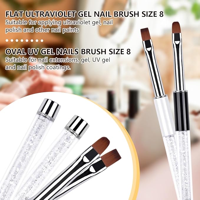 Professional 2Pcs Oval & Flat Nail Brush Set with Rhinestone Handle,Premium Nail Art Brushes for Builder Gel,French Tip Design,and Acrylic Nails (Salon & DIY Use)