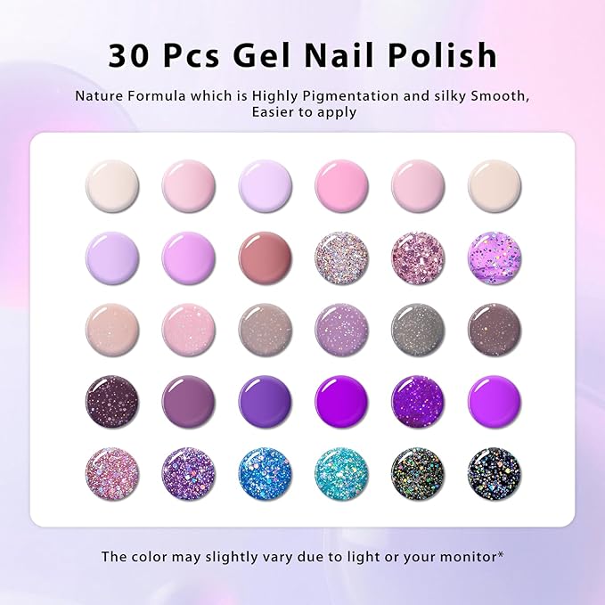 MEET ACROSS 30 Colors Pink Purple Gel Nail Polish Set, Nude Light Pink Purple Shimmer Glitter Brown Gel Polish Kit Soak off Uv Nail Art Gifts for Women