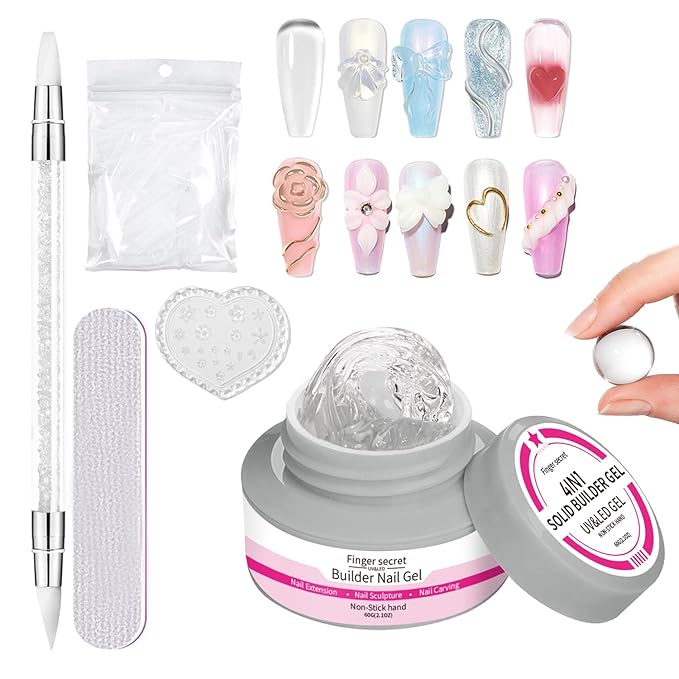 2Oz Non Sticky Solid Builder Gel for Nails, 60g Clear Hard Gel for Nails Hand 3D Sculpting Gels Carving Nail Extension Nail Art Salon Home