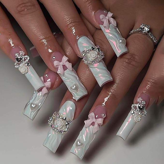 RTKHFZE Long Press on Nails Square Shape Fake Nails with 3D Swirl and Bow Design False Nails,French Tip Glue on Nails Gift for Holiday/Christmas Day/Daughter/Party/Valentine'S Day