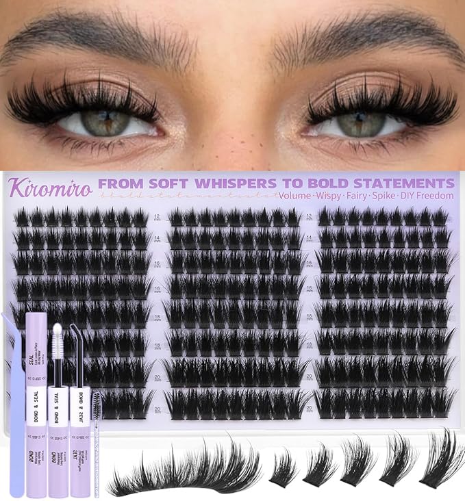 Kiromiro Lash Clusters Kit Cluster Eyelash Extensions 12-20mm Volume Individual Lash Clusters with Spikes 216pcs DIY Lash Extensions Kit Fluffy Manga Cluster Lashes Kit
