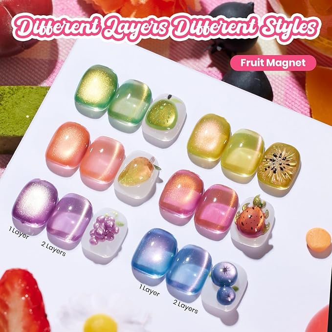 Beetles Fruit Magnet Cat Eye Gel Nail Polish Set - 6 Colors Spring Gel Polish Kit Glitter Cat Eye Pink Purple Blue Yellow Green Magnetic Shine Soak Off UV Salon DIY Manicure Gift for Women