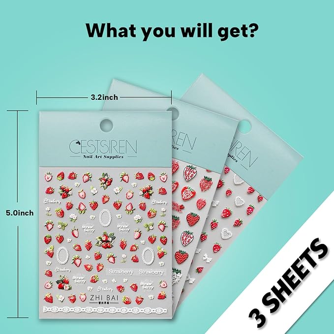 Strawberry Lace Nail Art Stickers 3D Embossed Nail Decals for Nail Art Design Self-Adhesive Nail Accessories for Women Nail Art Supplies 3 Sheets