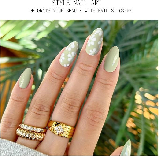 JMEOWIO Gel Nail Stickers White Flower Light Green Semi Cured Gel Nail Strips Wraps UV/LED Nails Art Design Decoration Accessories