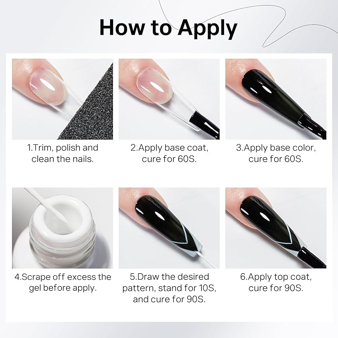MIZHSE Gel Liner Nail Art, White and Black Painting Gel Polish, Glossy Effect Drawing Line Stripe Swirls French Nail Design DIY Manicure Soak Off Nail Art