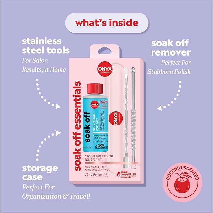 ONYX Professional 4PC Soak Off Essentials - Gel & Nail Removal Kit, Includes Gel Nail Polish Remover, Cuticle Pusher Tool, & Gel Polish Scraper
