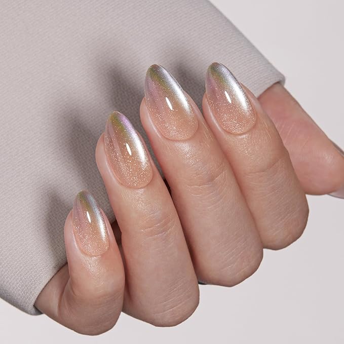 VSALON Press On Nails Short Almond, Nude Aqua Cat Eye Clear Shimmer Nails, Salon Quality Fake Nails Kit - 32 PCS Stick on Nails in 16 Sizes with UV Glue & Cuticle Oil