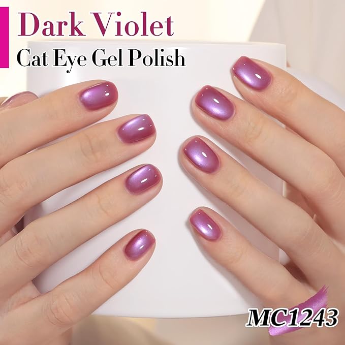 Double Rhythm 15ML Ice Glass Cat Eye Gel Polish with Magnet Holographic Glitter Shimmer Translucent Sheer Color Salon Soak Off Magnetic Nail at Home (Purple Pink-MC1243)