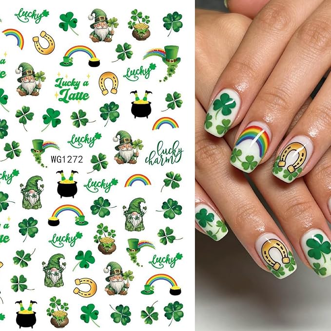 St Patricks Day Shamrock Nail Art Stickers Lucky Four-Leaf Clover Nail Decals Charms 3D Self-Adhesive St. Patrick's Day DIY Date Nail Supplies Decorations for Women Girls 10 Sheets