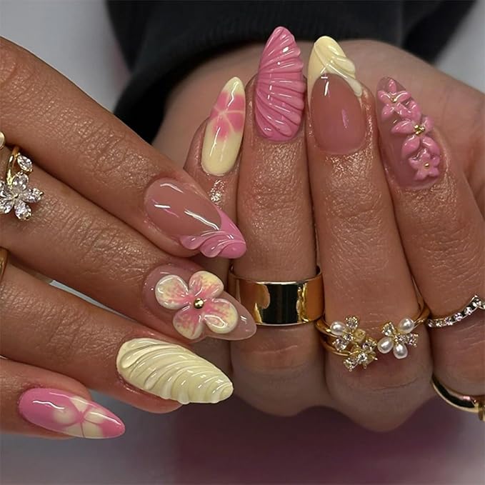 Medium Press on Nails Almond Fake Nails French False Nails Pink Artificial Nails with Floral Designs Acrylic Nail Press ons Cute Stick on Nails for Women 24pcs