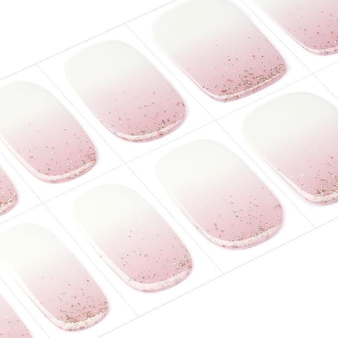 DANNI & TONI Semi Cured Gel Nail Strips Pink White Ombre Gold Glitter Gel Nail Wraps 28 Stickers | Pale Glint
