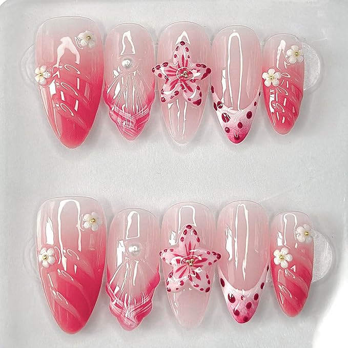 Luxury Press on Nails Medium Almond French Tip Handmade 3D Unique Reusable ABS Material Fake Nails Pink False Nails with Designs Pearls Floral Art Petal Glossy Glue on Nails Thick Acrylic Nails(S)