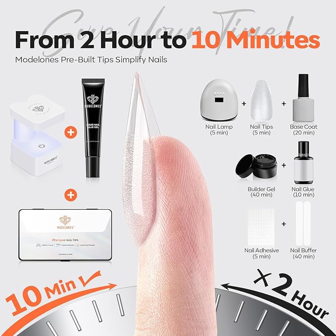modelones X Nail Gel Kit Almond, 15Sizes Instant Apex False Nail Tips Solid Glue & Mini U/V Lamp, 240Pcs Medium Almond Pre-Building Thick Acrylic Press on Tips LED Light Extension Kit Women Gift