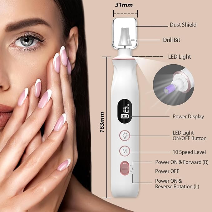 Electric Nail File, 10 Speeds Cordless Nail Drill with LED Light, Portable Manicure Pedicure Kit for Acrylic Gel Nails Thick Toenails Nail Grind, Hand Natural Nails Care - 10 Bits & 120 Sanding Bands