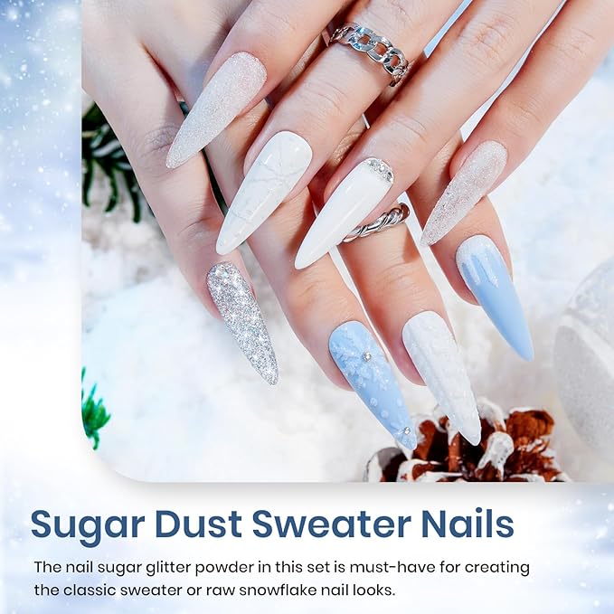 Beetles Easter Gel Nail Polish Set 5 Winter Colors Dark Blue Glitter White Light Blue Silver Gel Polish with Sealing Gel Sugar Dust Powder Nail Sticker UV LED Needed Gifts for Women Sparkling Snow