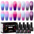 MEET ACROSS 8Pcs Color Changing Gel Nail Polish Set Glitter Temperature Mood Changed Gel Polish Pink Purple Soak Off UV/LED Nail Art Design Kit Gifts for Women Girls