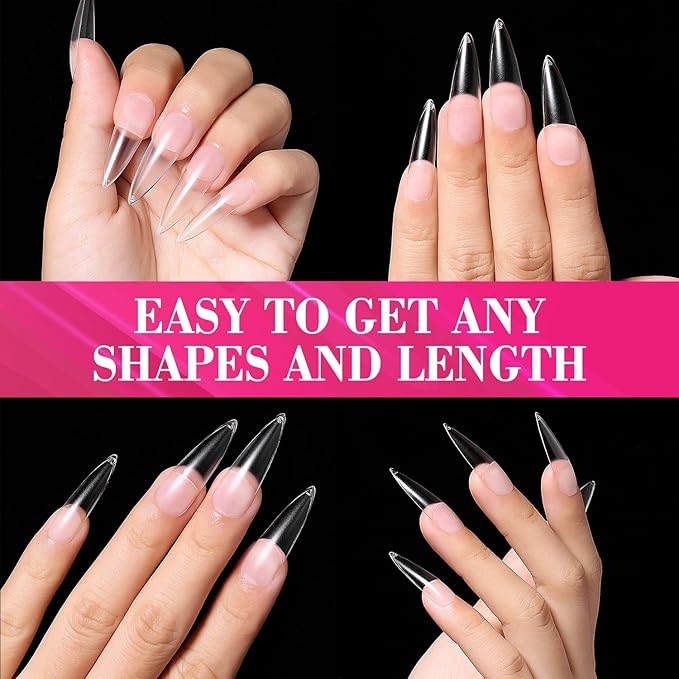AIMEILI Long Stiletto Gel Nail Tips 432PCS Pre-buff Almond Fake Clear Nails Full Cover, Acrylic False Press on Nails with Box for Nail Art Salon and Home DIY, 10 Sizes