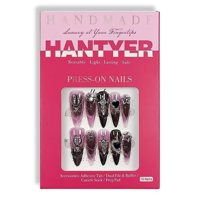 Y2K Punk Press on Nails with Tools Kit, 10pcs Long Stiletto Glossy Black & Pink Gradient Nails, Silver Studs, Black Rhinestones & 3D strips, Edgy Style for Concerts & Night Events (Size M)