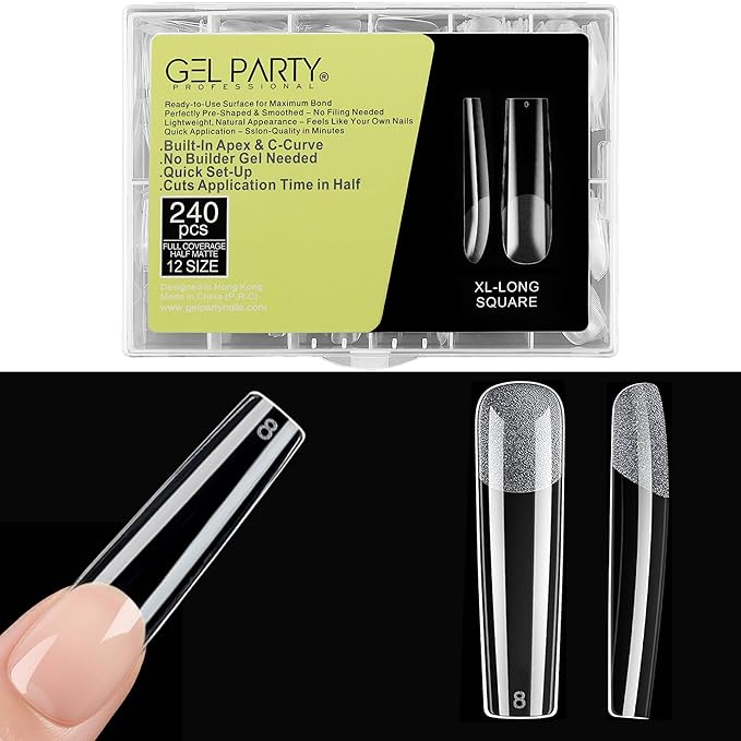 GELPARTY Soft Gel Nail Tips XL Long Square - 240Pcs Pre-Buffed Matte Full Cover Tips - No Filing Needed, Soak Off Gel Extension System - Clear False Nails (12 Sizes)