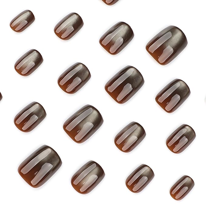 Glitter Brown Cat Eye Press On Nails Short Round – Fall Caramel Color, Gel-Infused Acrylic Reusable Fake Nails w/Adhesive Tabs & Glue, Salon-Quality Cute Press-Ons for Women Girls Gift