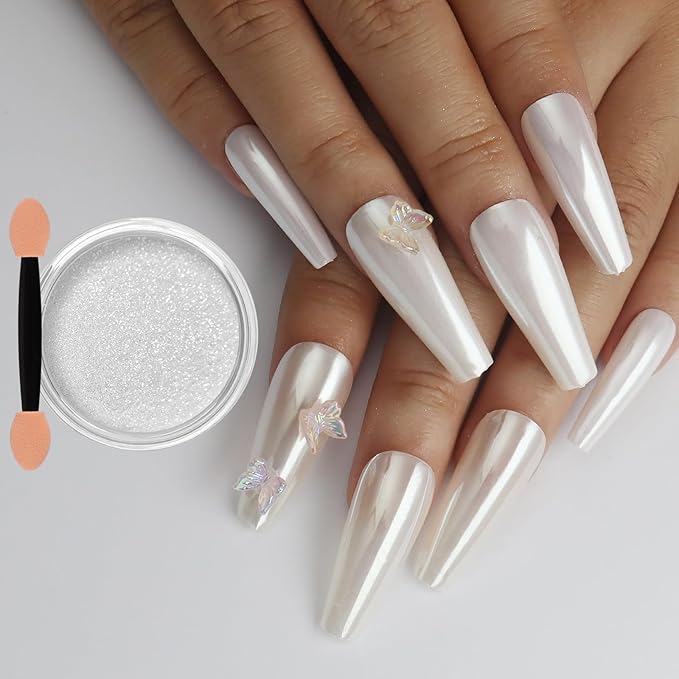 Allstarry Pearl Chrome Nail Powder, Iridescent Aurora White Chrome Nail Powder Metallic Mirror Effect White Glitter Clear Nail Chrome Powder for Nails Pearls Nail Accessories for Nail Art Salon DIY