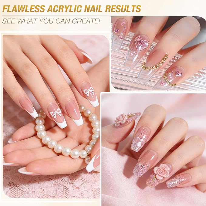 Clear Acrylic Nail Kit - Quick Dry Long Lasting Acrylic Powder & Liquid Set with Kolinsky Brush, Nail Forms for Home DIY & Salon Professional Use