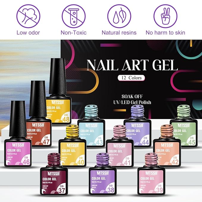 MTSSII Gel Nail Polish Set, 12PCS Macaron Pink Yellow Violet Gel Nail Polish Kit, Soak Off UV/LED Nail Polish Nail Art Design Salon Home Gifts for Women
