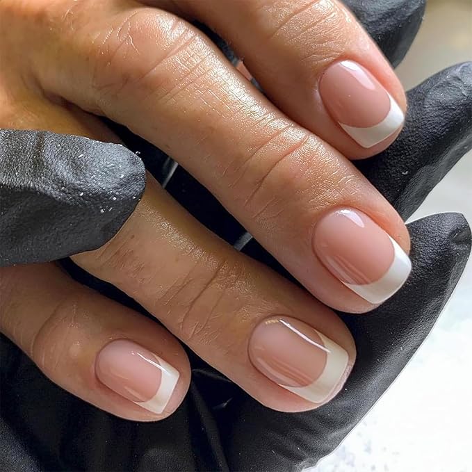 White French Tip Press on Nails Short Square Fake Nails Nude Pink Glossy Design Cute False Nails Stick on Nails Full Cover Acrylic False Nails for Women Girls DIY Manicure Decoration 24pcs