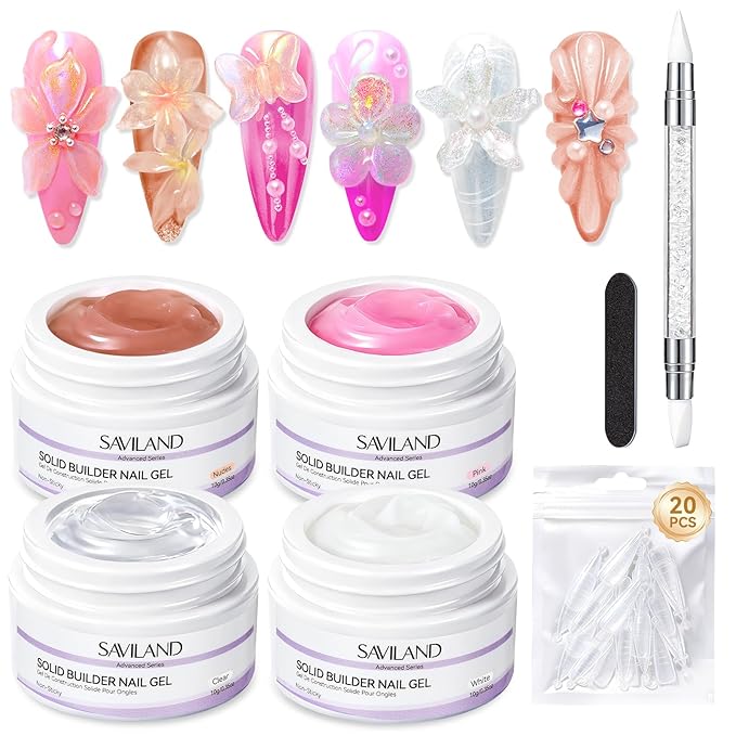 SAVILAND Solid Builder Nail Gel Set: Non-Sticky 4 Color Clear Nude White Pink 3D Nail Gels for Extension Reinforcement Long-lasting Sculpting Gel for Nails Art Starter Kit DIY Home