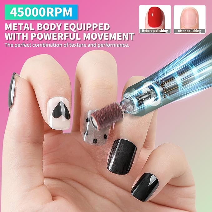 LIMEGIRL Professional Electric Nail File Drill Bits Kit 45000RPM for Acrylic Toenail Machine Clippers with 14 Drill Bit Gradient Green Portable Rechargeable Cordless