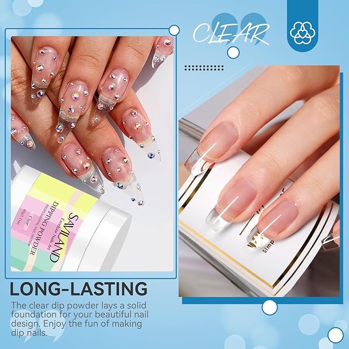 SAVILAND Clear Dip Powder - 2.1 oz/ 60g Dipping Powder Set Crystal Clear for French Natural Nails Art Starter Manicure, Strengthen Nail Easy for Beginners to Use No Nail Lamp Needed